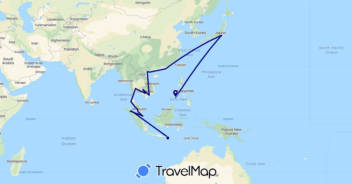 TravelMap itinerary: driving in China, Indonesia, Japan, Cambodia, Malaysia, Philippines, Singapore, Thailand, Vietnam (Asia)