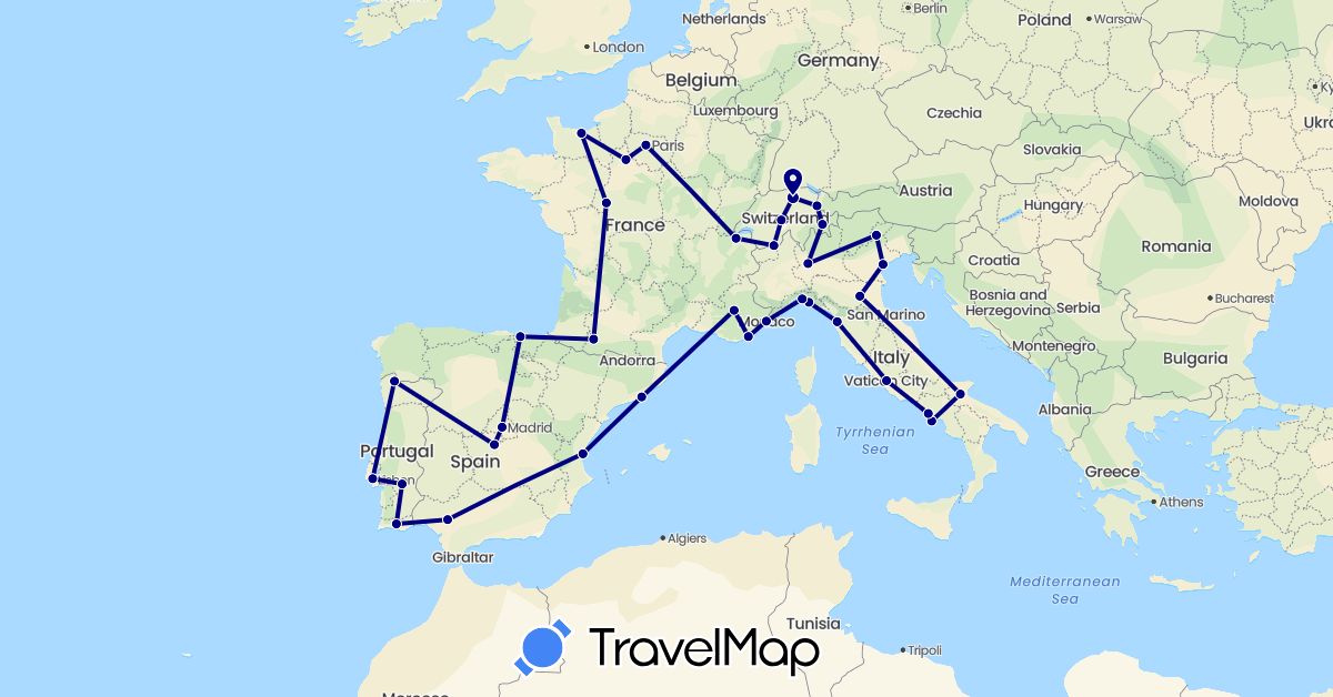 TravelMap itinerary: driving in Switzerland, Spain, France, Italy, Liechtenstein, Monaco, Portugal (Europe)